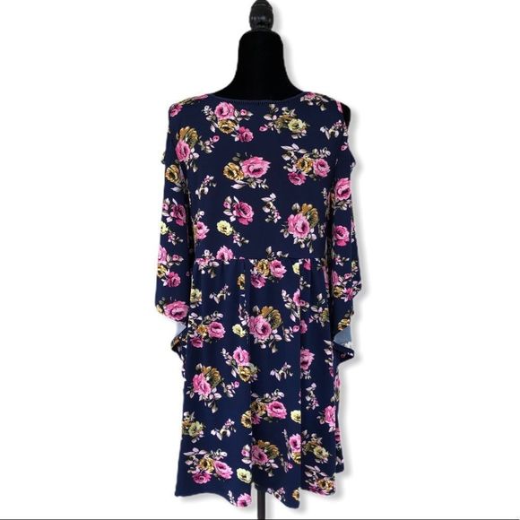 Southern Stitch Cold Shoulder Navy Floral Lace Trim Tunic Dress - Picture 4 of 9